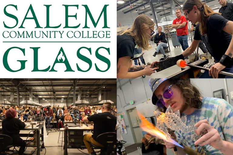Salem Community College Glass Text Based Logo and three pictures of people blowing glass